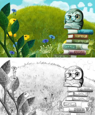 Çayırda hayvan kuş baykuşunun olduğu karikatür sahnesi - çocuklar için çizim