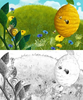 karikatür sahnesi hayvanlar böcek arılar ve çayırda kovan - çocuklar için illüstrasyon