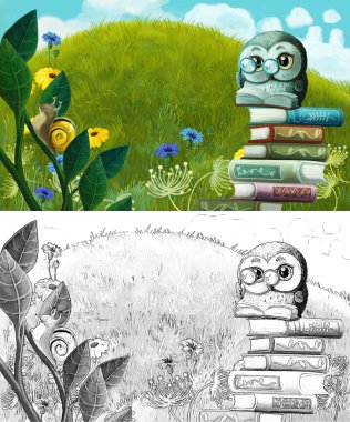 Çayırda hayvan kuş baykuşunun olduğu karikatür sahnesi - çocuklar için çizim