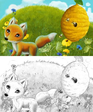 Çayırda hayvan tilkisinin olduğu karikatür sahnesi - çocuklar için çizim