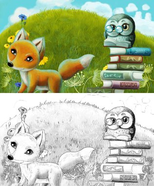 Çayırda hayvan tilki ve baykuş olan çizgi film çizimi - çocuklar için illüstrasyon
