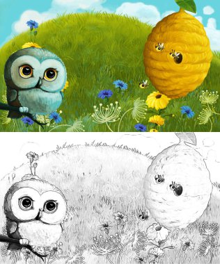 Çayırda hayvan kuş baykuşunun olduğu karikatür sahnesi - çocuklar için çizim