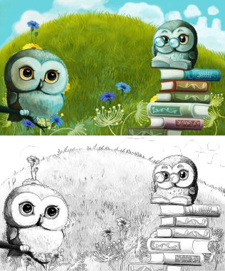 Çayırda hayvan kuş baykuşunun olduğu karikatür sahnesi - çocuklar için çizim