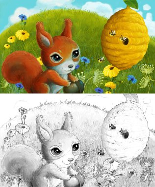 Çayırda hayvan kemirgen baykuşunun olduğu çizim sahnesi - çocuklar için illüstrasyon