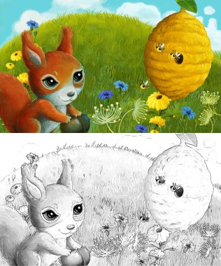 Çayırda hayvan kemirgen baykuşunun olduğu çizim sahnesi - çocuklar için illüstrasyon