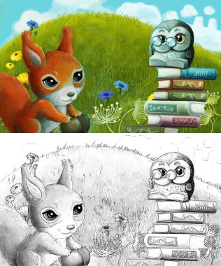 Çayırda hayvan kemirgen baykuşunun olduğu çizim sahnesi - çocuklar için illüstrasyon