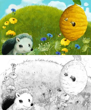 Çayırda hayvan kemirgen kirpi baykuşunun olduğu çizim sahnesi.