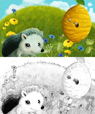 Çayırda hayvan kemirgen kirpi baykuşunun olduğu çizim sahnesi.