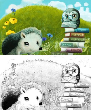 Çayırda hayvan kuş baykuşunun olduğu karikatür sahnesi - çocuklar için çizim