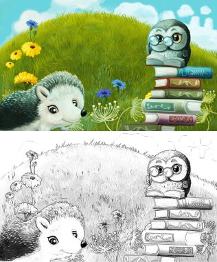 Çayırda hayvan kemirgen kirpi baykuşunun olduğu çizim sahnesi.