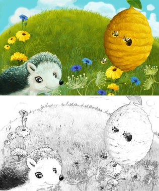 Çayırda hayvan kemirgen kirpi baykuşunun olduğu çizim sahnesi.