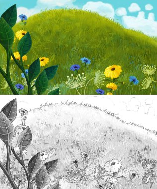 Çayırda çalıların ve salyangozların olduğu karikatür sahnesi - çocuklar için çizim