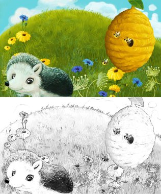 Çayırda hayvan kemirgen kirpi baykuşunun olduğu çizim sahnesi.