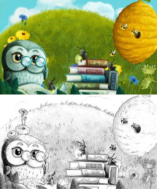 Çayırda hayvan kuş baykuşunun olduğu karikatür sahnesi - çocuklar için çizim