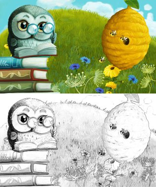 Çayırda hayvan kuş baykuşunun olduğu karikatür sahnesi - çocuklar için çizim