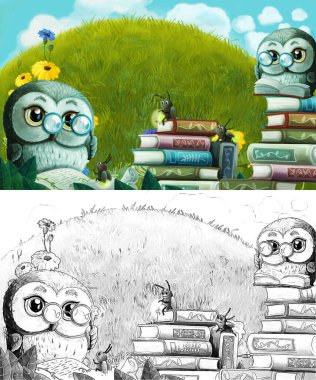 Çayırda hayvan kuş baykuşunun olduğu karikatür sahnesi - çocuklar için çizim