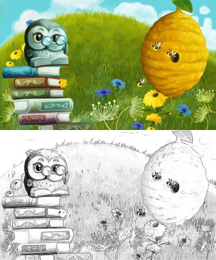 Çayırda hayvan kuş baykuşunun olduğu karikatür sahnesi - çocuklar için çizim
