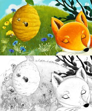 Çayırda hayvan tilkisinin olduğu karikatür sahnesi - çocuklar için çizim