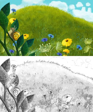 Çayırda çalıların ve salyangozların olduğu karikatür sahnesi - çocuklar için çizim