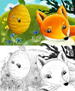 Çayırda hayvan tilkisinin olduğu karikatür sahnesi - çocuklar için çizim