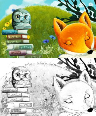 Çayırda hayvan tilki ve kuş baykuşunun olduğu çizim sahnesi - çocuklar için illüstrasyon