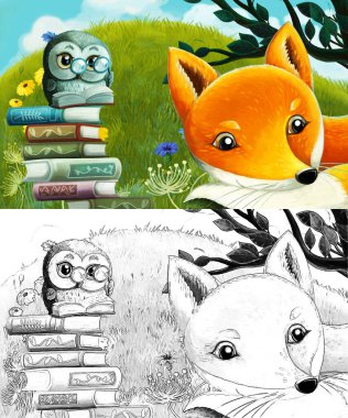 Çayırda hayvan kuş baykuşunun olduğu karikatür sahnesi - çocuklar için çizim