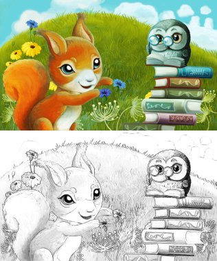 Çayırda hayvan kemirgen baykuşunun olduğu çizim sahnesi - çocuklar için illüstrasyon