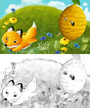 Çayırda hayvan tilkisinin olduğu karikatür sahnesi - çocuklar için çizim