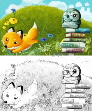 Çayırda hayvan tilki ve kuş baykuşunun olduğu çizim sahnesi - çocuklar için illüstrasyon