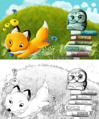 Çayırda hayvan tilki ve kuş baykuşunun olduğu çizim sahnesi - çocuklar için illüstrasyon