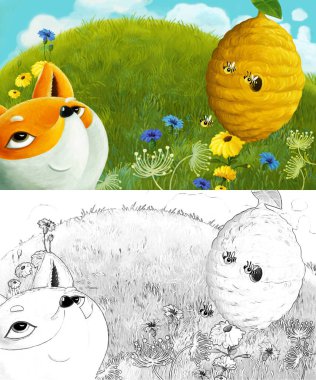 Çayırda hayvan tilkisinin olduğu karikatür sahnesi - çocuklar için çizim