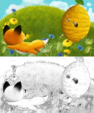 Çayırda hayvan tilki ve kuş baykuşunun olduğu çizim sahnesi - çocuklar için illüstrasyon