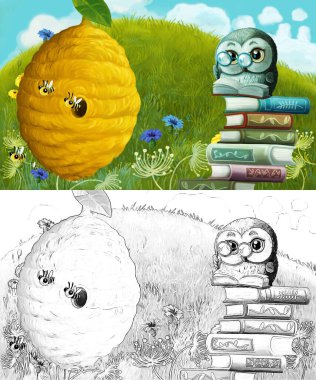 Çayırda hayvan kuş baykuşunun olduğu karikatür sahnesi - çocuklar için çizim