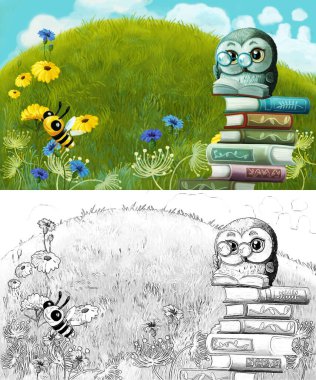 Çayırda hayvan kuş baykuşunun olduğu karikatür sahnesi - çocuklar için çizim