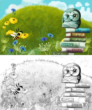 Çayırda hayvan kuş baykuşunun olduğu karikatür sahnesi - çocuklar için çizim