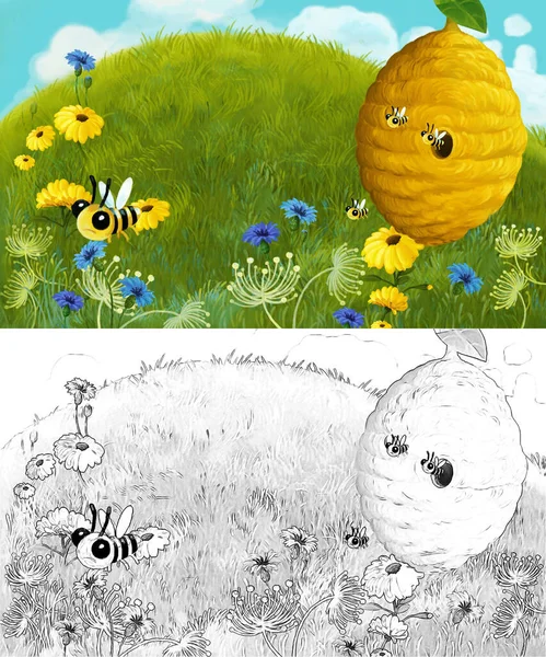 動物のバグ蜂や牧草地に巣と漫画のスケッチシーン 子供のためのイラスト — ストック写真