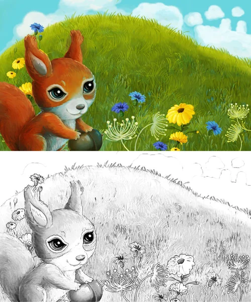Szkic Kreskówki Zwierzętami Sowa Gryzonia Łące Ilustracja Dla Dzieci — Zdjęcie stockowe