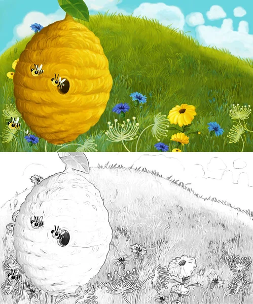 cartoon sketch scene with animals bugs bees and hive on the meadow - illustration for children