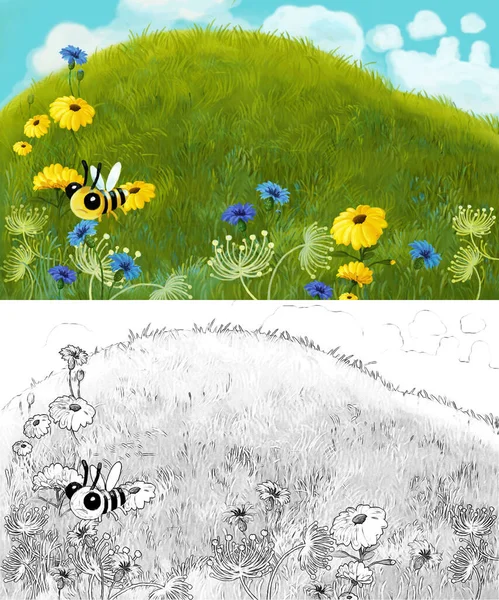 Zeichentrick Sketch Szene Mit Tieren Bienen Und Bienenstock Auf Der — Stockfoto