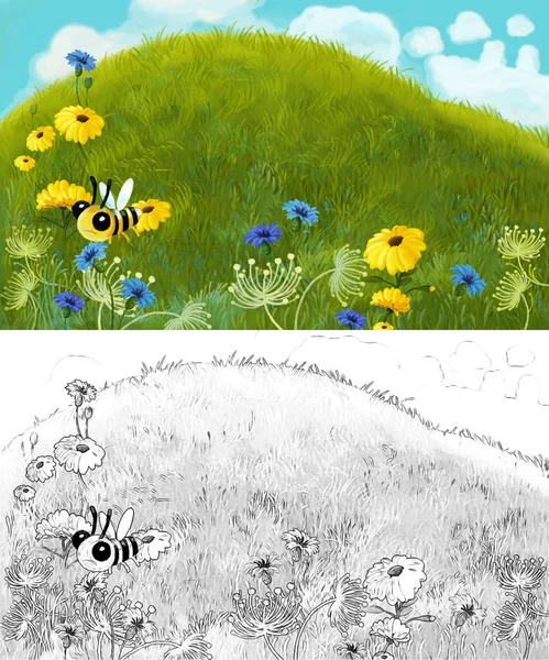 cartoon sketch scene with animals bugs bees and hive on the meadow - illustration for children