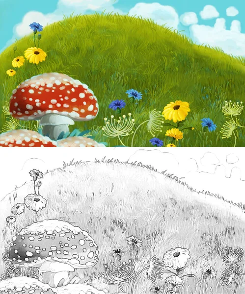 Dessin Animé Scène Croquis Avec Des Champignons Sur Prairie Illustration — Photo