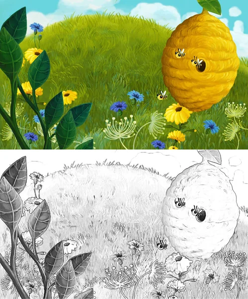 Cartoon Sketch Scene Animals Bugs Bees Hive Meadow Illustration Children — Stock Photo, Image