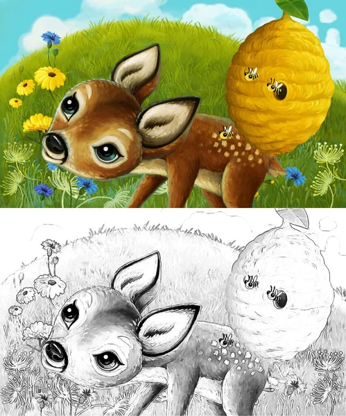 動物の卵の鹿と漫画のスケッチシーンが牧草地に イラスト 子供のための — ストック写真