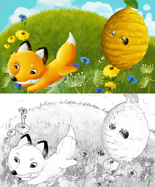Çayırda hayvan tilkisinin olduğu karikatür sahnesi - çocuklar için çizim