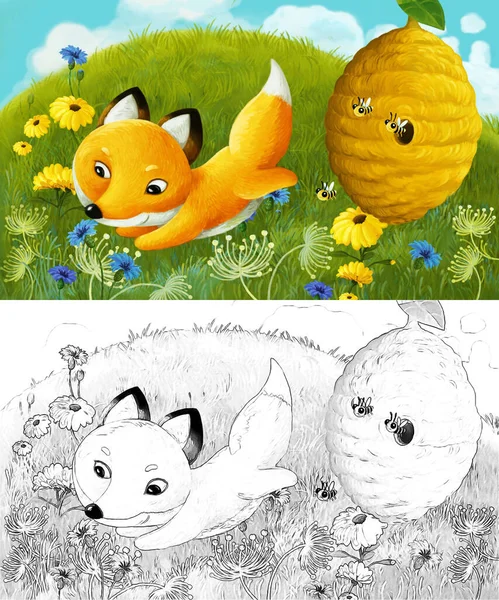 Szkic Kreskówki Zwierzęcym Lisem Łące Ilustracja Dla Dzieci — Zdjęcie stockowe