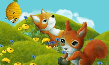 Orman hayvanının çayırda eğlendiği çizgi film sahnesi - çocuklar için illüstrasyon