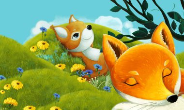 Orman hayvanının çayırda eğlendiği çizgi film sahnesi - çocuklar için illüstrasyon