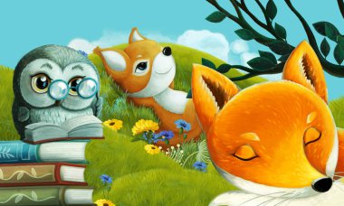 Orman hayvanının çayırda eğlendiği çizgi film sahnesi - çocuklar için illüstrasyon