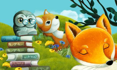 Orman hayvanının çayırda eğlendiği çizgi film sahnesi - çocuklar için illüstrasyon