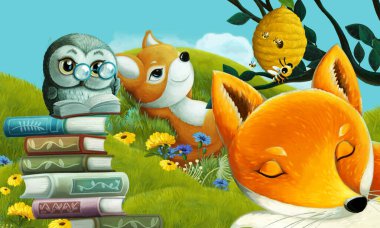 Orman hayvanının çayırda eğlendiği çizgi film sahnesi - çocuklar için illüstrasyon